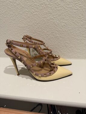 Studded Pointed-Toe Slingback Pumps in Yellow and Blush